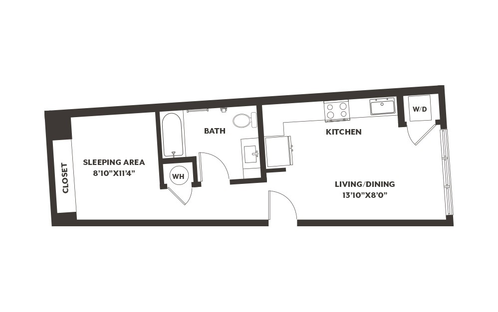 S3 - Studio floorplan layout with 1 bath and 530 square feet. (2D)