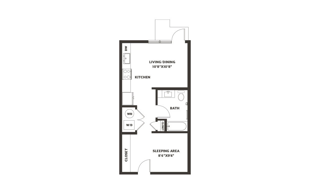 S4 - Studio floorplan layout with 1 bath and 530 square feet. (2D)